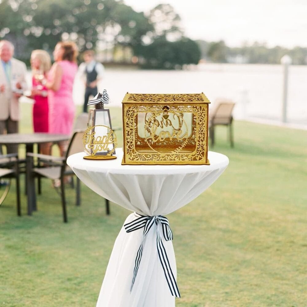 Gold Card Box for Wedding, Glitter Wooden Wedding Card Box with Heart Lock and S - Picture 6 of 6